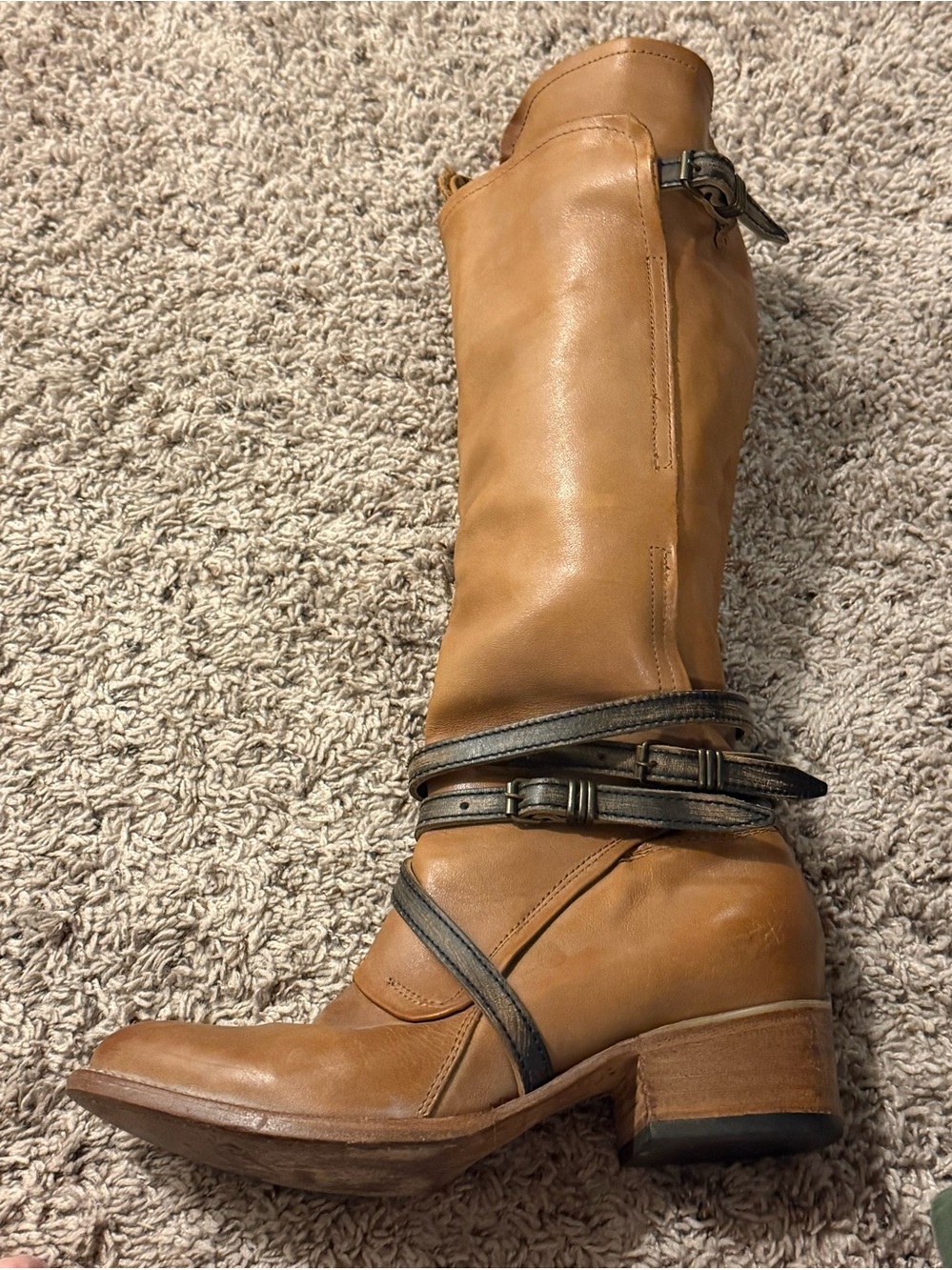freebird Tan Leather Mid-Calf Boot with Wrap Straps